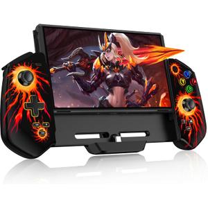 Upgraded Hall Effect Joystick Switch Controller for Nintendo Switch/OLED  No Drift, Wired Pro Controller with LED Lighting, Game Card Storage & Ergonomic Grip (Black-Flame)