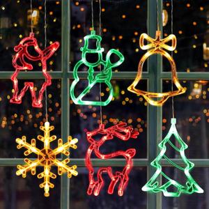 Baquler 6 Pcs Christmas Window Lights Decorations with Suction Cup Battery Operated Christmas Window Hanging Lights Santa Reindeer Snowman Xmas Tree Snowflake Bell for Xmas Tree Fireplace Indoor Decor