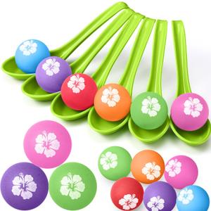 12 Pcs Luau Hawaiian Egg and Spoon Race Set Tropical Summer Aloha Themed Birthday Supplies(Green,Flower)