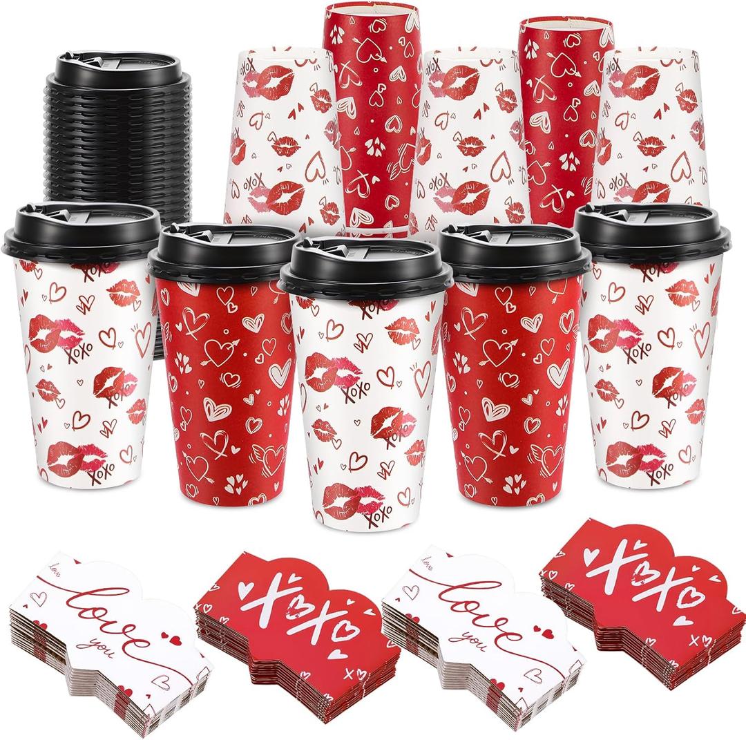 50 Pcs Disposable Paper Cups with Lids and Sleeves 16 oz Red White Hearts Paper Coffee Cups for Wedding Anniversary Party Supplies