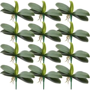 12 Pcs Faux Phalaenopsis Orchids Leaves Artificial Orchids Leaves 9 Inch Green Leaf Plants Green Faux Leaf Latex Cymbidium Stems for Flowers Arrangements Pot Decor