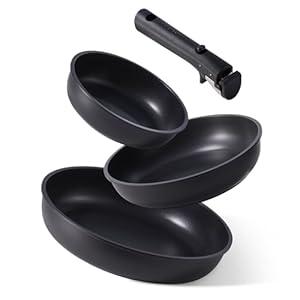 CAROTE Non Stick Frying Pans, 8"+10"+12 Frying Pan Egg Pan Omelet Pans with Detachable Handle, Stone Non Toxic Cookware, PFOA Free, Induction Compatible & Oven Safe, Dishwasher Safe, Black