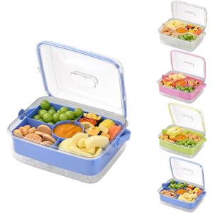 Fruit Ice Serving Tray, Chilled Veggie Tray, Shrimp Cocktail Serving Dish, Appetizer Serving Platter for Parties, Clear Party Platter with Lid and 4 Compartments Keeps Food Cool (Light Blue)