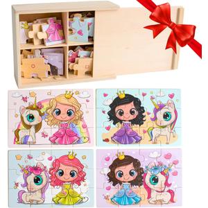 4-in-1 Princess Jigsaw Puzzles for Kids, Wood Puzzles for Kids Ages 3-5 48 Piece Wooden Puzzles for Toddlers 3-5, Wooden Puzzles for Toddlers, Essential Skills Gift for Girls Princesses
