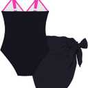 Funnycokid Girls One Piece Swimsuit Color Block Teen Bathing Suit with Pad Cover Up Skirt(7-16Y)