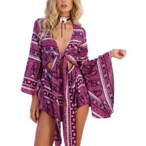 AELSON Women's Boho V Neck Print Romper Playsuit With Long Flare Sleeves, Rose, Small