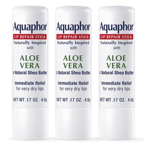 Aquaphor Naturally Inspired Lip Repair Stick with Aloe Vera and Natural Shea Butter, Hydrating Lip Balm Stick Immediately Relieves Dryness and Soothes Chapped Lips, 0.17 Oz Stick, Pack of 3