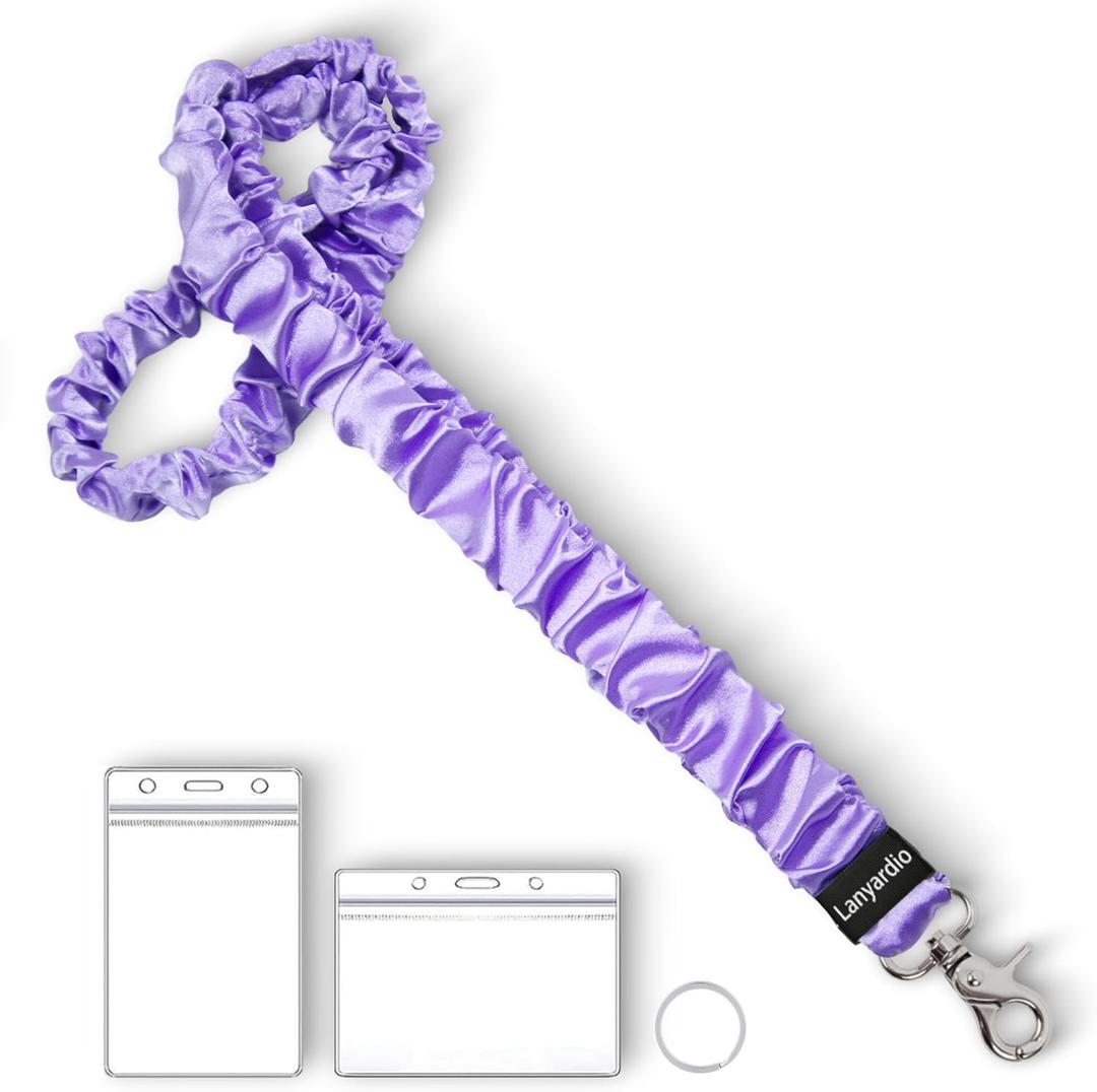 Lanyardio Stretchy Scrunchie Lanyard for ID Badges Keys, Cute Teacher Lanyard for Women with 2 Card Holders 19.6 Inch (Purple)
