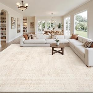 10x14 Area Rugs Living Room: Bedroom Neutral Washable Carpet Beige | Large Vintage Boho Indoor Decor Neutral Soft Nursery Farmhouse Dining Room Office Floor Non-Slip Low Pile Under Table Rug