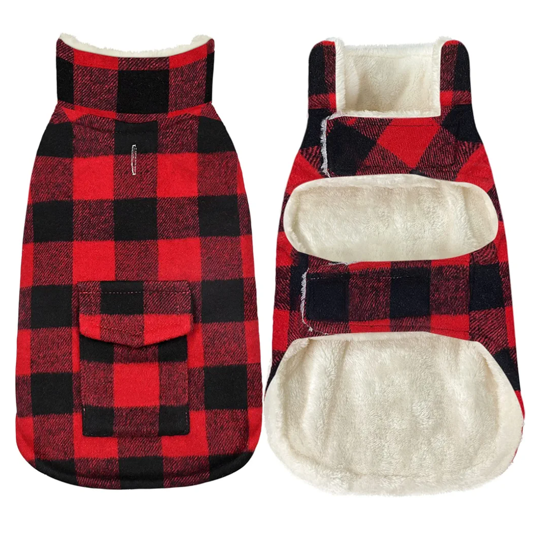 Malier Winter Coat for Dogs - Classic Plaid Fleece Cold Weather Jacket With Pocket, Windproof Warm Vest Clothes for Small Medium Large Dogs (Red, Medium)