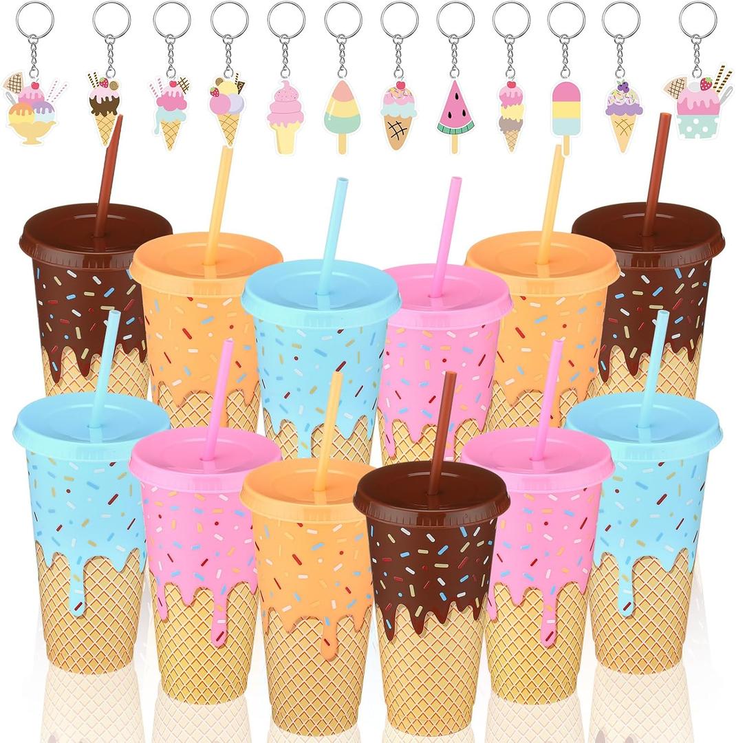Yungyan 24 Pcs Ice Cream Drip Party Favors Ice Cream Drip Cups with Lids and Straws 24 oz Sweet Cone Acrylic Keychains Gift Bulk Reusable Plastic Tumbler for Birthday Baby Shower Summer Party Supplies
