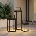 Set of 3 Modern Black Metal Lanterns Lights Battery Powered Floor Lamp, 21.6"/11.7"/6.5" H, Indoor/Outdoor, 3000K with 6H Timer, for Patio Porch Fireplace Wedding Holiday Decor, Battery Not Included