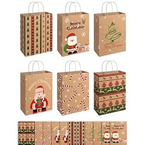 SUNEE Christmas Gift Bags, 12 Pack Christmas Bags for Gifts with Handles, 6 Assorted Kraft Paper Gift Bags Bulk with Xmas Tree, Santa Claus, Candy Designs, 7.28 * 3.15 * 8.7 Goodie Bags for Kids