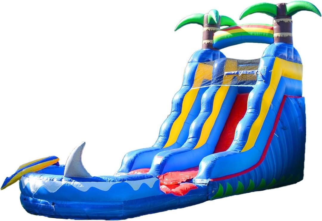 HeroKiddo 15ft Ocean Shark Inflatable Water Slide with Pool, 22ft Long- 100% Commercial Grade PVC Vinyl, Reinforced Strength Wet/Dry Fun, Front Load Entry for Easy Supervision