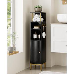 Bathroom Storage Cabinet,Small Corner Floor Cabinet with 2 Hook,Narrow Tall Toilet Paper Cabinet with Adjustable Shelves,Bathroom Organizer for Living Room,Small Spaces (Wave, Black-37''H)