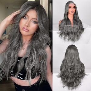 Grey Wig Long Wavy Curly Synthetic Wig for Women Middle Part Lace Front Wig Heat Resistant Fiber Wig for Daily Party (Grey)