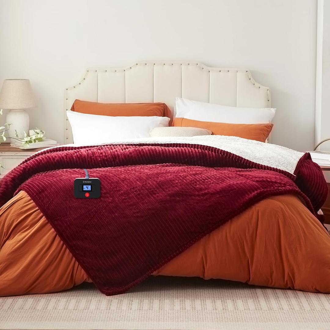 Westinghouse Electric Blanket Twin, Soft Ribbed Flannel to Sherpa Heated Blanket with 10 Heating Levels & 1-12 Hours Auto Shut Off, Fast Heating & Machine Washable, 62x84 Inch, Red (Twin 62"x84")