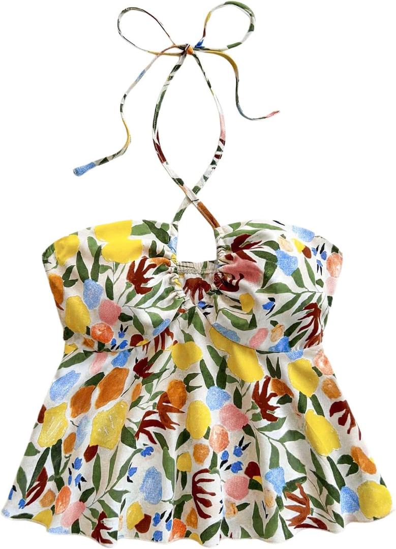 SOLY HUX Women's Boho Print Halter Cami Top Sleeveless Backless Ruffle Flared Summer Crop Tops (S)