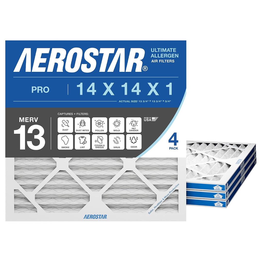 Aerostar Air Filter 14x14x1 MERV 13 AC Filter, HVAC, Furnace Filter, 4 Pack | ACTUAL SIZE (13.75 x 13.75 x 0.75) AC Filter, Furnace Filter, Allergies, Dust, Pet Dander & Smoke MERV 13 (MPR 1500 / FPR 10)