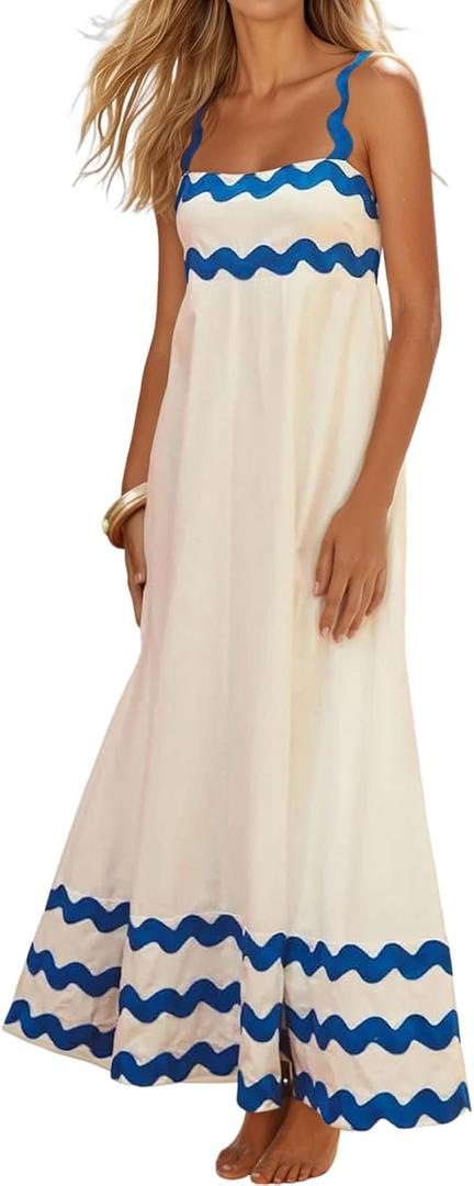Women's Casual Summer Shirred Back Vacation RIC Rac Flowy Maxi Dress (Medium, White)