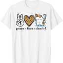 Peace Love Dental Tee Leopard Heart Teeth Funny Dentist T-Shirt, Small