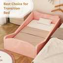 JOYMOR Toddler Bed, Floor Bed with Safety Guadrail, Montessori Toddler Bed with Animal Ear Shapes, Soft Velvet Wood Bed for Infant, Kids, Mattress not Included (Pink)