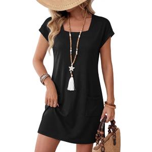 OFEEFAN Spring Dresses for Women 2026 Loose Square Neck Swimsuit Coverup Cap Sleeve Tshirt Dress Sundresses with Pockets Beach Vacation Clothes A-Black S