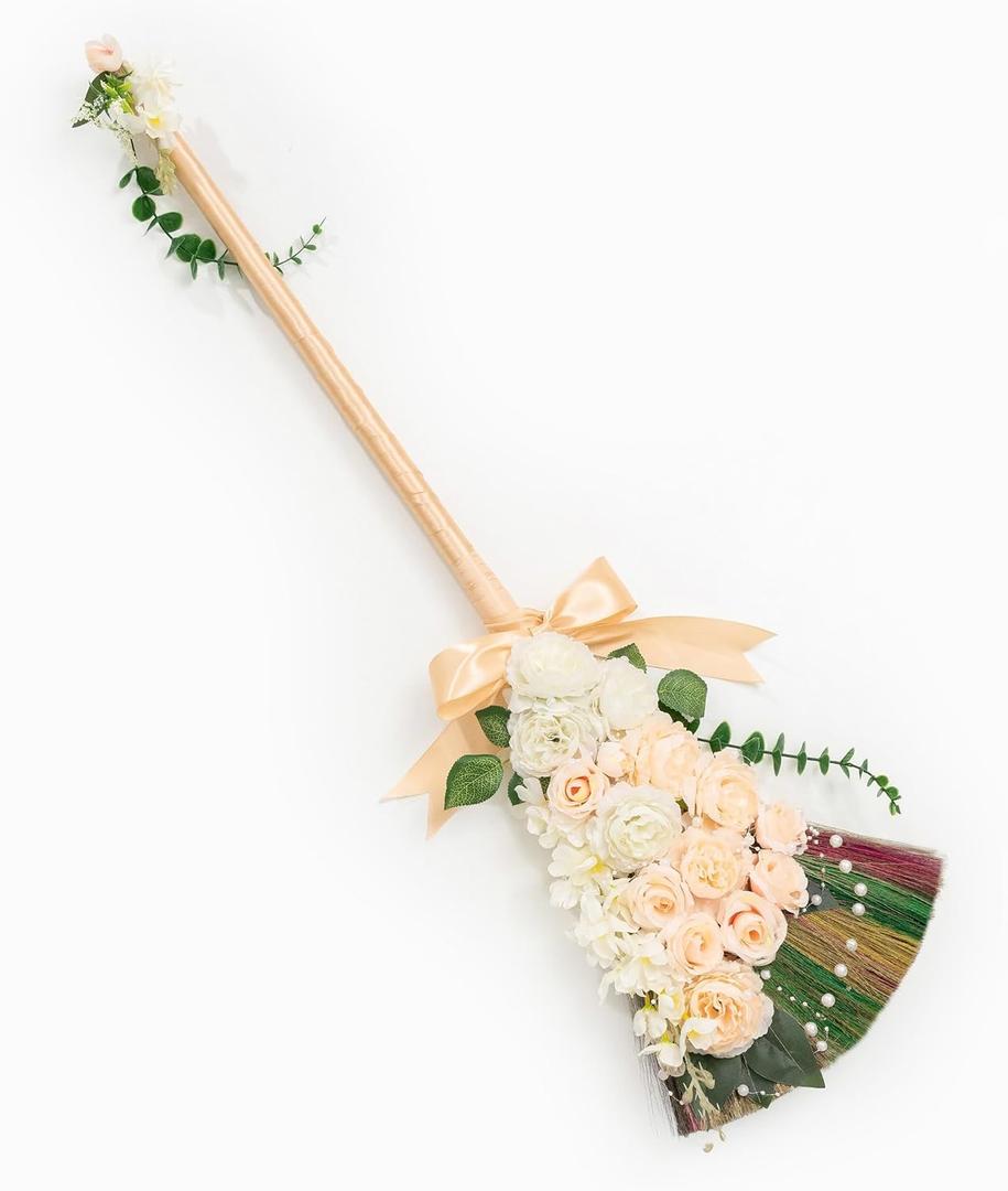 Wedding Brooms Bride Bridegroom, Jumping The Broom for Wedding, Natural Whisk Broom with Ribbons, Artificial Pearl, Leaves,Roses for Decorative Wedding
