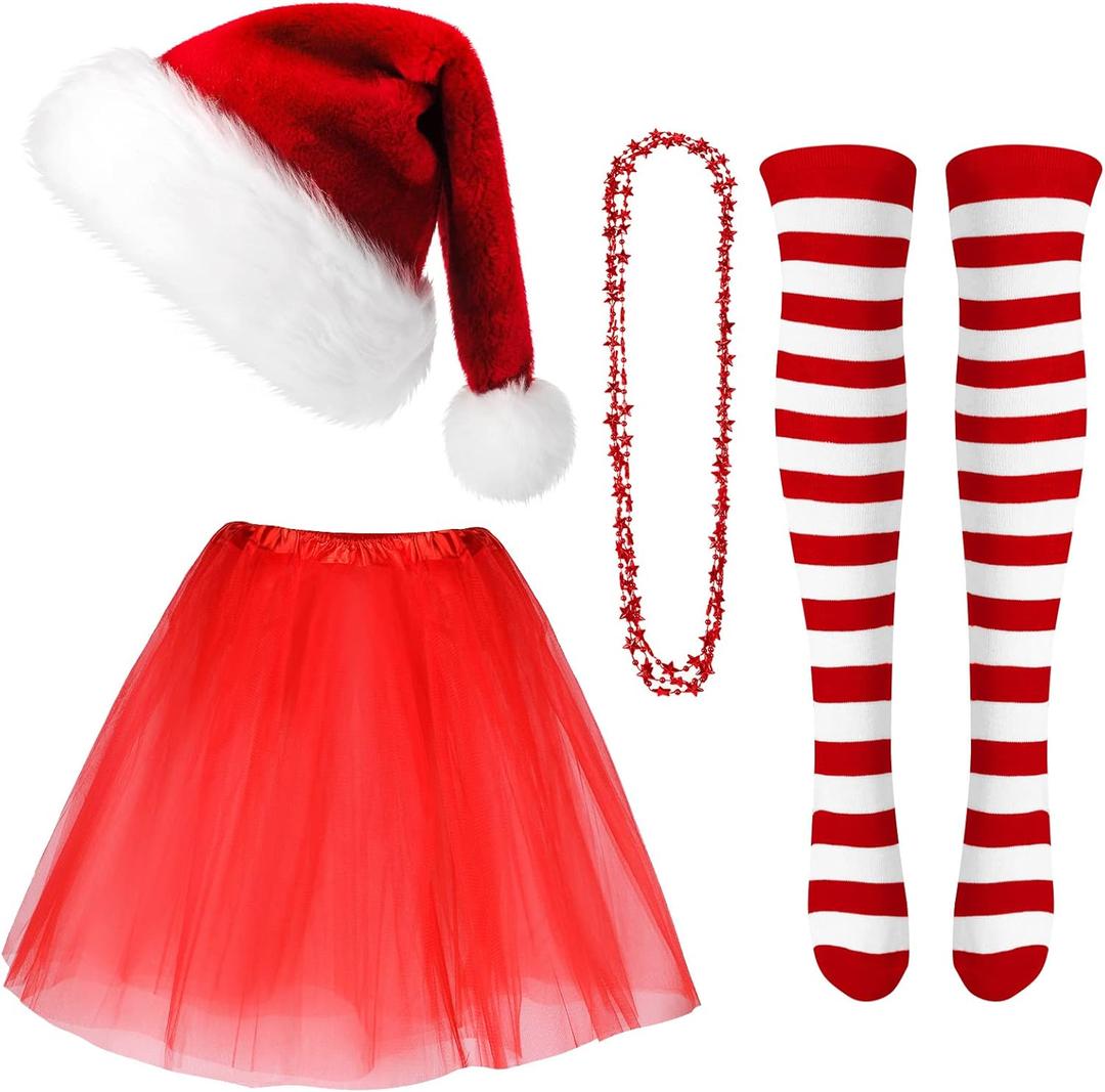ack Women Christmas Costume Set Christmas Santa Hat Tutu Skirt Striped Tights for Women Christmas Parties Holiday Dress up Costume Accessory, One Size (Red, 15.75 Inches)