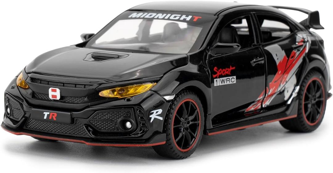 1/32 Toy Car for Honda Civic Type-R Diecast Toy Vehicle Metal Pull Back Model Car with Light and Sound for Kids Adults Gift(Black)