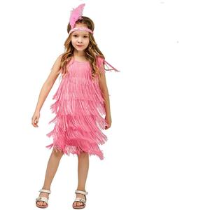 Girls 1920s Flapper Dress Sequin Tassel Fringe Latin Dance Dress Kids Gatsby Ballroom Party+Feather Headband (7-9 Years, Pink)