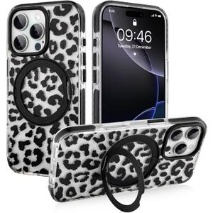SAKUULO for iPhone 16 Pro Max Case Black Leopard Print Design | with Invisible Magnetic O-Ring Stand Military-Grade Clear Case With Screen Protector[Great Grip Feeling]