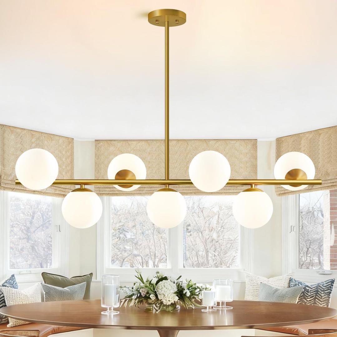 43.3" Modern Linear Chandeliers for Dining Room Pendant Light (7-Light, 43.3-Inch), Gold Dining Room Light Fixture Over Table with Bubble Globe, Mid Century Sputnik Chandelier (Bulbs not Included) (Large)