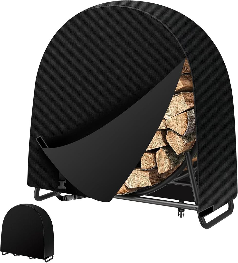 40 Inch Firewood Log Rack Cover 104 x 102 x 61 cm, Heavy Duty 600D Oxford Firewood Log Hoop Cover with PVC Backing, Outdoor Waterproof Round Fire Wood Rack Cover with Zipper, Buckles, Velcro