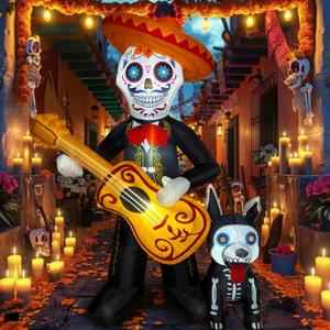 6 FT Halloween Inflatables Decoration, Blow Up Yard Decorations, Day of The Dead Spooky Sugar Skull Guitar and Skeleton Dog, Dia De Los Muertos Dcor with Built-in LED for Outdoor Garden, Lawn