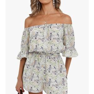 EXLURA Women's Summer Floral Romper Dress Off Shoulder Ruffle Elastic Wasit Wide Leg Shorts Jumpsuit Vacation Beach 2025, 2XL