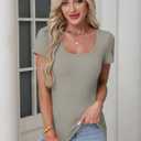 Women's Short Sleeve Tops Casual Scoop Neck Ribbed Knit Slim Fitted Basic Tee Shirts 2025 Summer Trendy Outfits (Large)