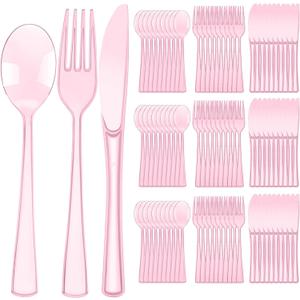 Minatee 150 Pieces Disposable Cutlery Set Plastic Silverware Heavy Duty Utensil Sets 50 Forks 50 Knives 50 Spoons for Home Office School Party Picnics Restaurant Outdoor Events (Pink)