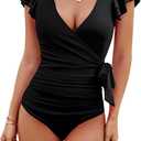 Blooming Jelly Women's Tummy Control Swimsuits Slimming One Piece Bathing Suit Modest Swimwear Ruffle Wrap V Neck Swimming Suit (Black, Medium)