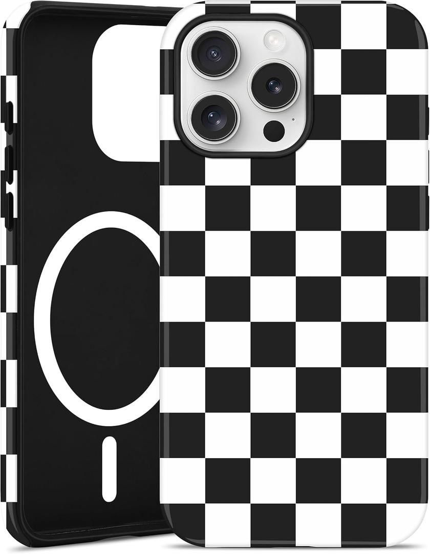 Jusy Compatible with MagSafe Checkerboard Phone Case for iPhone 13 Pro Max, Cute Aesthetic Checkered Magnetic Soft TPU & Hard PC Protective Phone Cover for Women GirlsMatte - Black & White