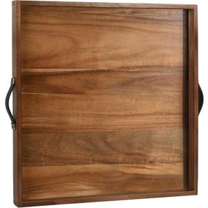 Extra Large Square Ottoman Tray for Living Room Coffee Table 21 x 21 Inch Decorative Acacia Wooden Serving Tray with Leather Handles for Breakfast in Bed Dinner Food TV (Color Natural)