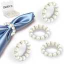 50 Pcs Pearl Napkin Rings Imitation Pearl Beaded Napkin Rings Holder Elegant Rhinestone Serviette Rings Buckle for Formal Wedding Home Dinner Party (White and Silver) (Set of 50)