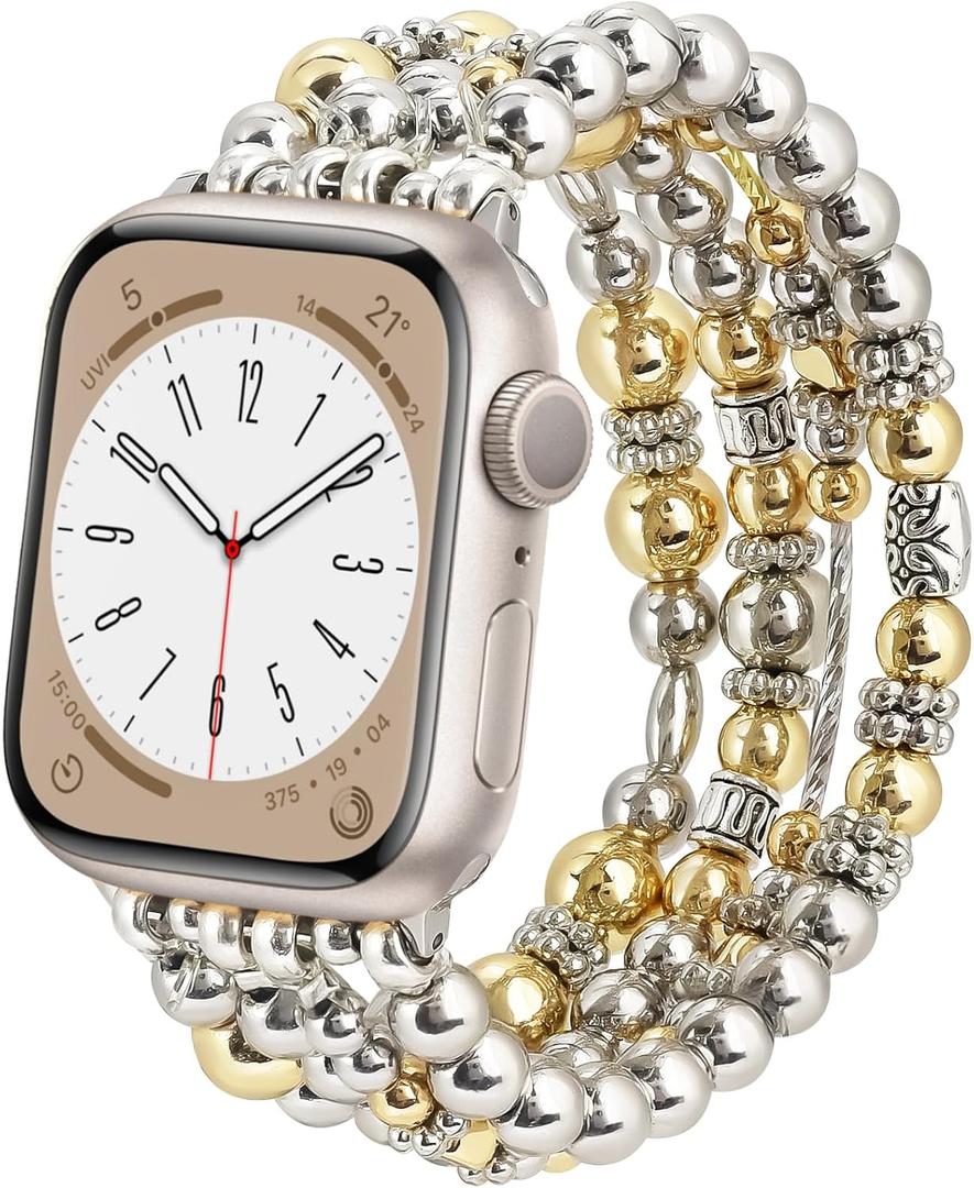 Filoto Beaded Bracelet Compatible with Apple Watch Band 38mm/40mm/41mm/42mm/44mm/45mm/46mm for Women Fashion Elastic Beads Stretch Jewelry Strap Replacement for iWatch Series 10/9/8/7/SE/6/5/4/3/2/1 (Silver + Gold)