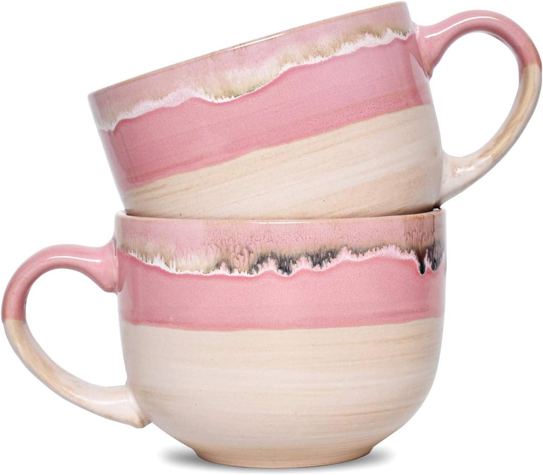 Bosmarlin Large Ceramic Coffee Mug Set of 2, Stoneware Jumbo Latte Mugs Tea for Office and Home, 16 Oz, Dishwasher and Microwave Safe(Pink, 2)