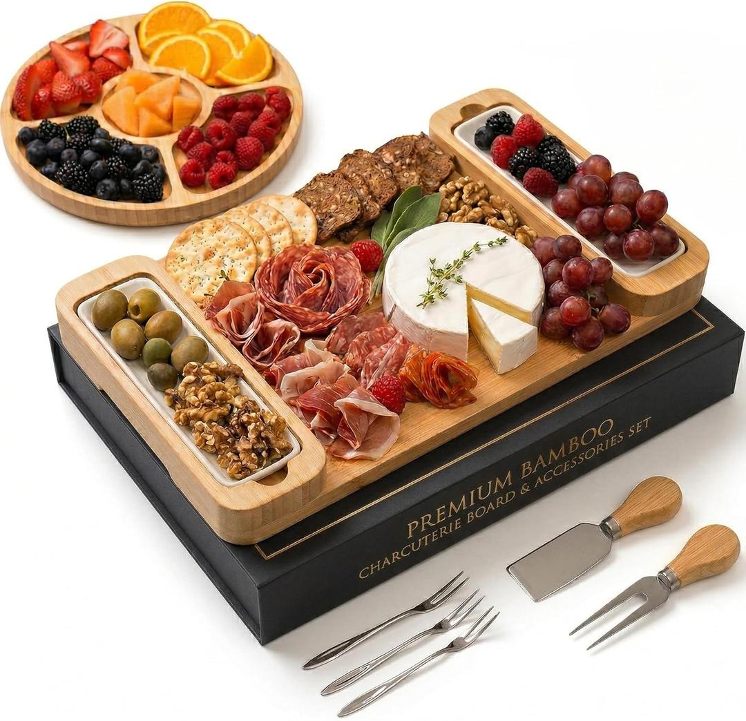 Charcuterie Boards - Large Bamboo Cheese Board Gift Set with Serving Tray, Knives & Bowls for Meat, Cheese & Crackers - House Warming Gifts New Home, Wedding Gift for Couple, Birthday Gifts for Women