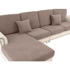 LA MEACK Couch Cushion Covers for Sectional Sofa L Shape Washable Separate Seat Chaise Couch Cover Stretch Sofa Slipcovers with 2 Pcs Pillowcases(3 Seater + 1 Chaise, Khaki)