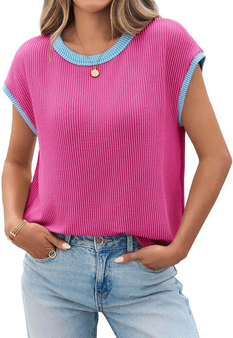 Tankaneo Womens Summer Cap Sleeve Ribbed Knit Tops Loose Fit Casual T Shirt, M