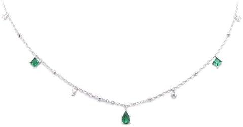 925 Sterling Silver Emerald Green CZ Drop Stations Chain Necklace 18 Inches, White Rhodium Plating