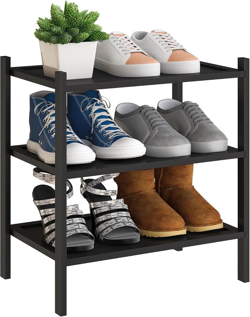 BMOSU 3-Tier Bamboo Small Shoe Rack Premium Stackable Shoe Shelf Storage Organizer for Hallway Closet Living Room Entryway Organizer(Black)