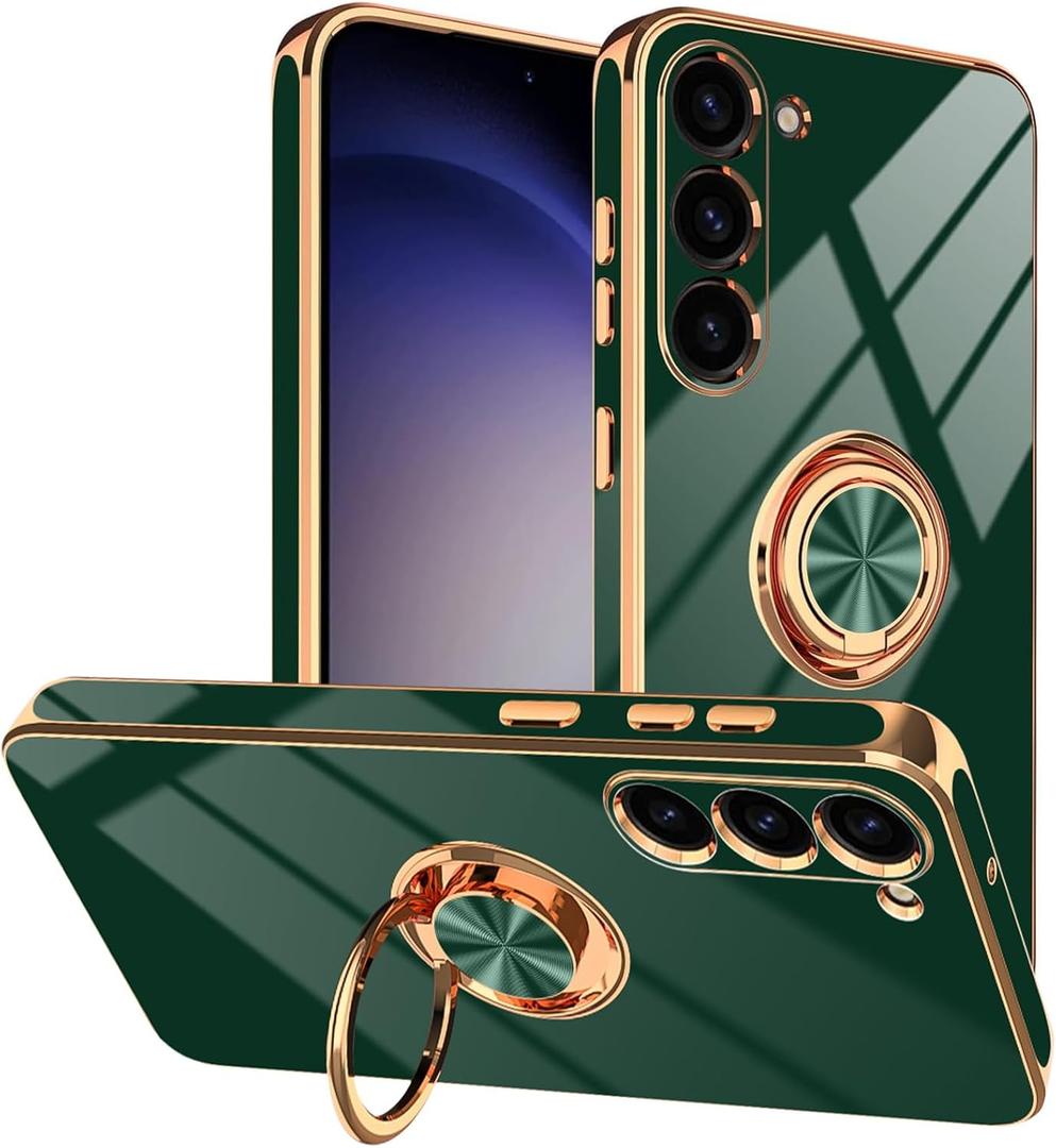 Tnarru Designed for Samsung Galaxy S23 Case with Ring Stand, Support Magnetic Car Mount Rotating Finger Holder Soft TPU Cover Plating Edge Slim Phone Case for Galaxy S23 Dark Green
